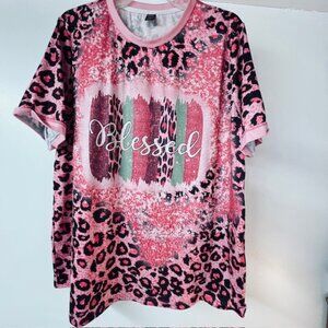 Emery Rose Womens "Blessed" Top, Short Sleeves, Pink Animal Print, Size 3XL